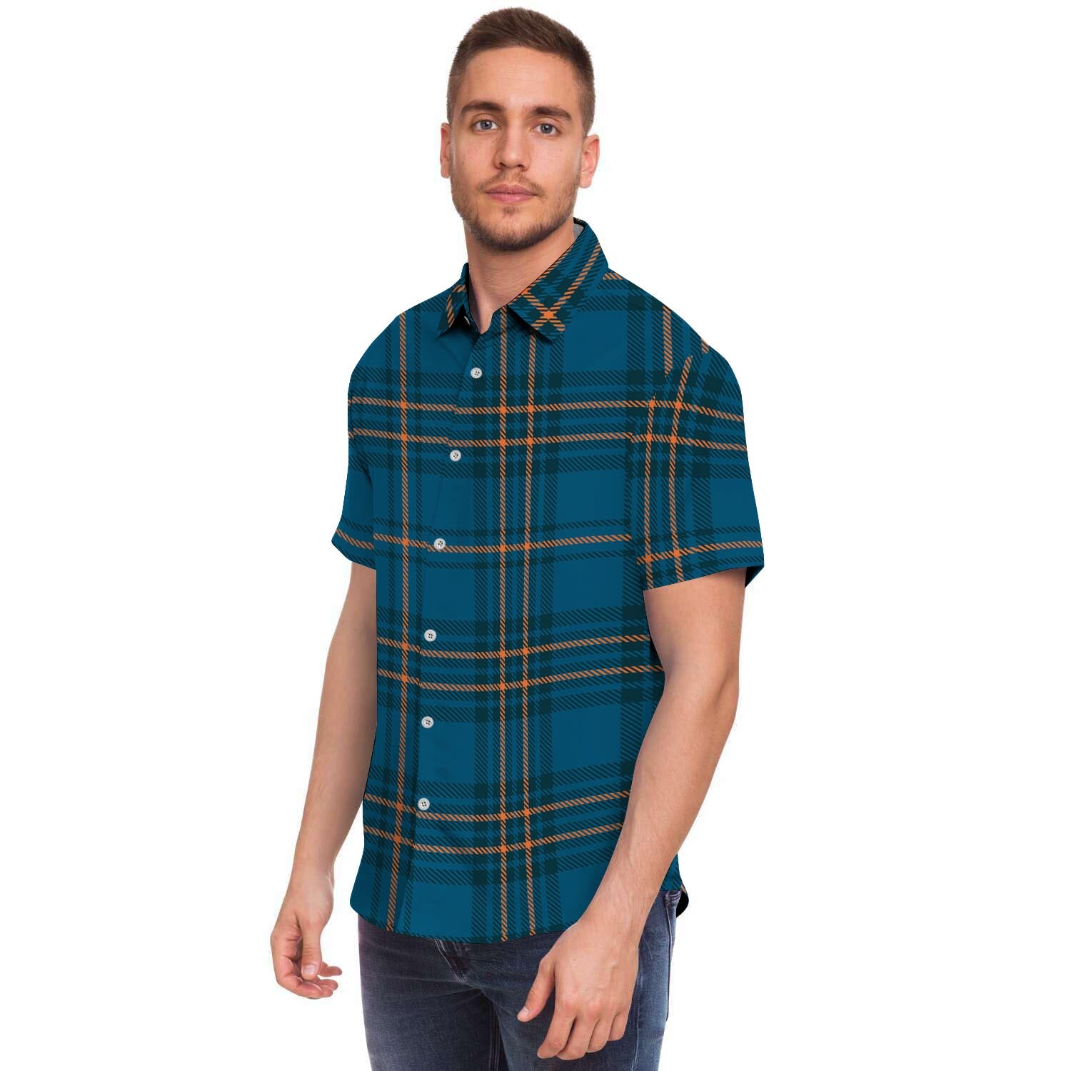 Navy Blue Plaid Tartan Men Print Short Sleeve Button-Up Shirts
