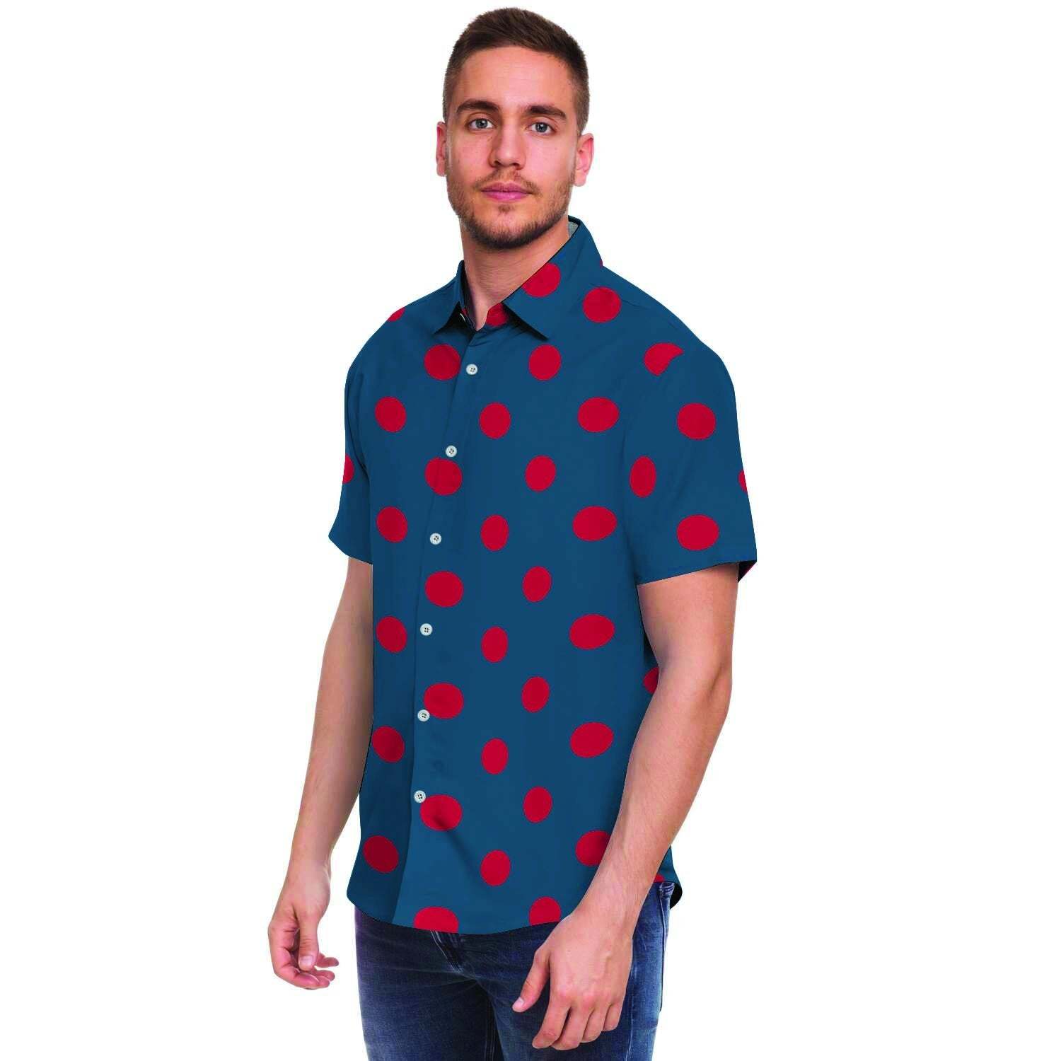 Navy Polka Dot Men Print Short Sleeve Button-Up Shirts