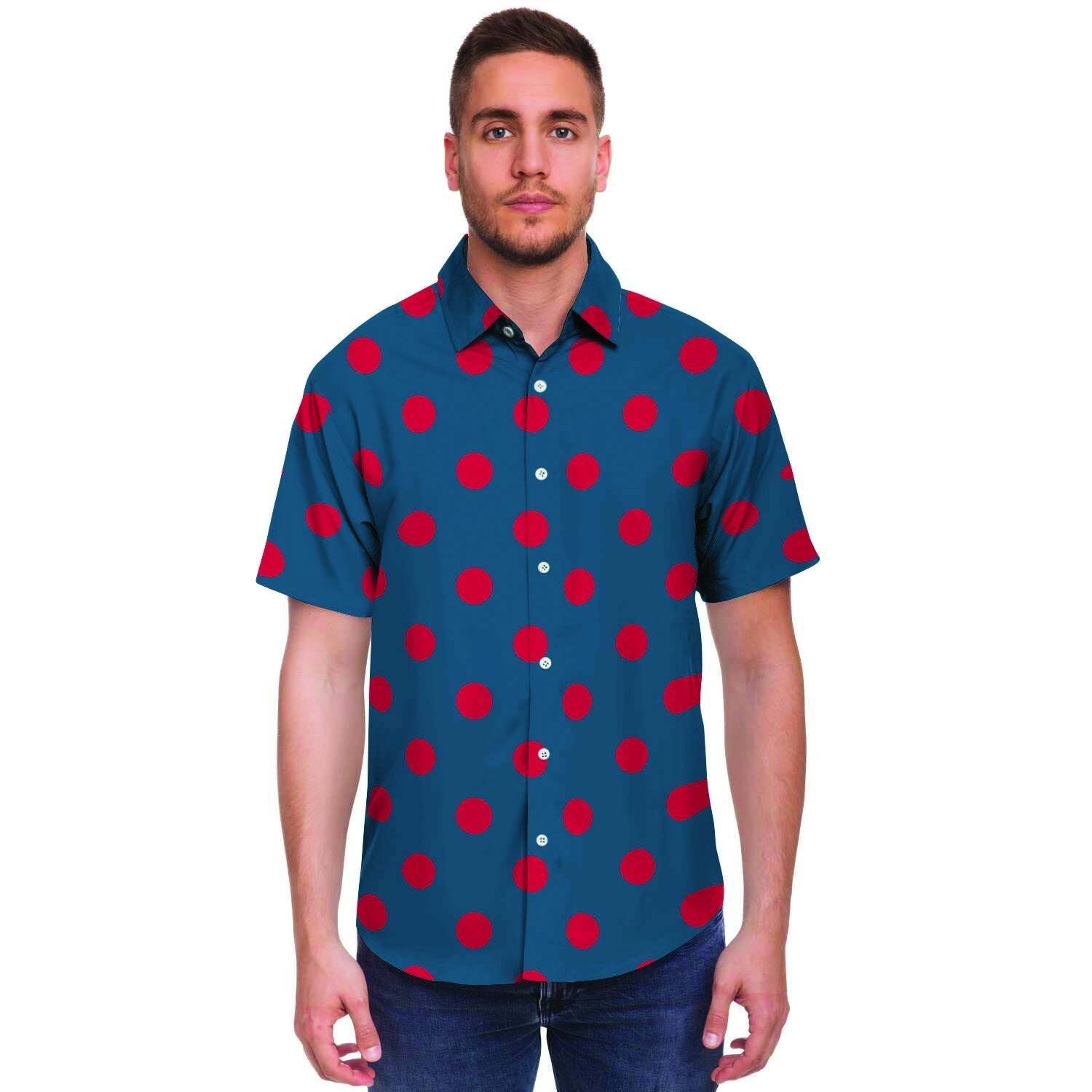 Navy Polka Dot Men Print Short Sleeve Button-Up Shirts