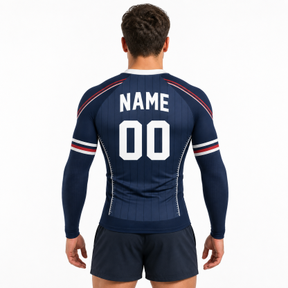 Navy Red Baseball Pinstripe Customizable Long Sleeve Compression Shirt