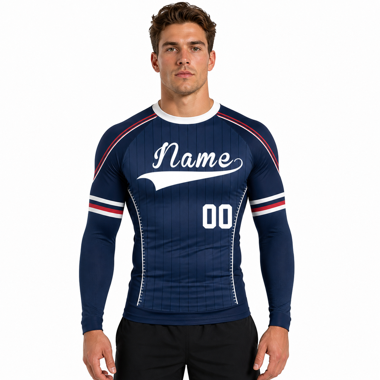 Navy Red Baseball Pinstripe Customizable Long Sleeve Compression Shirt