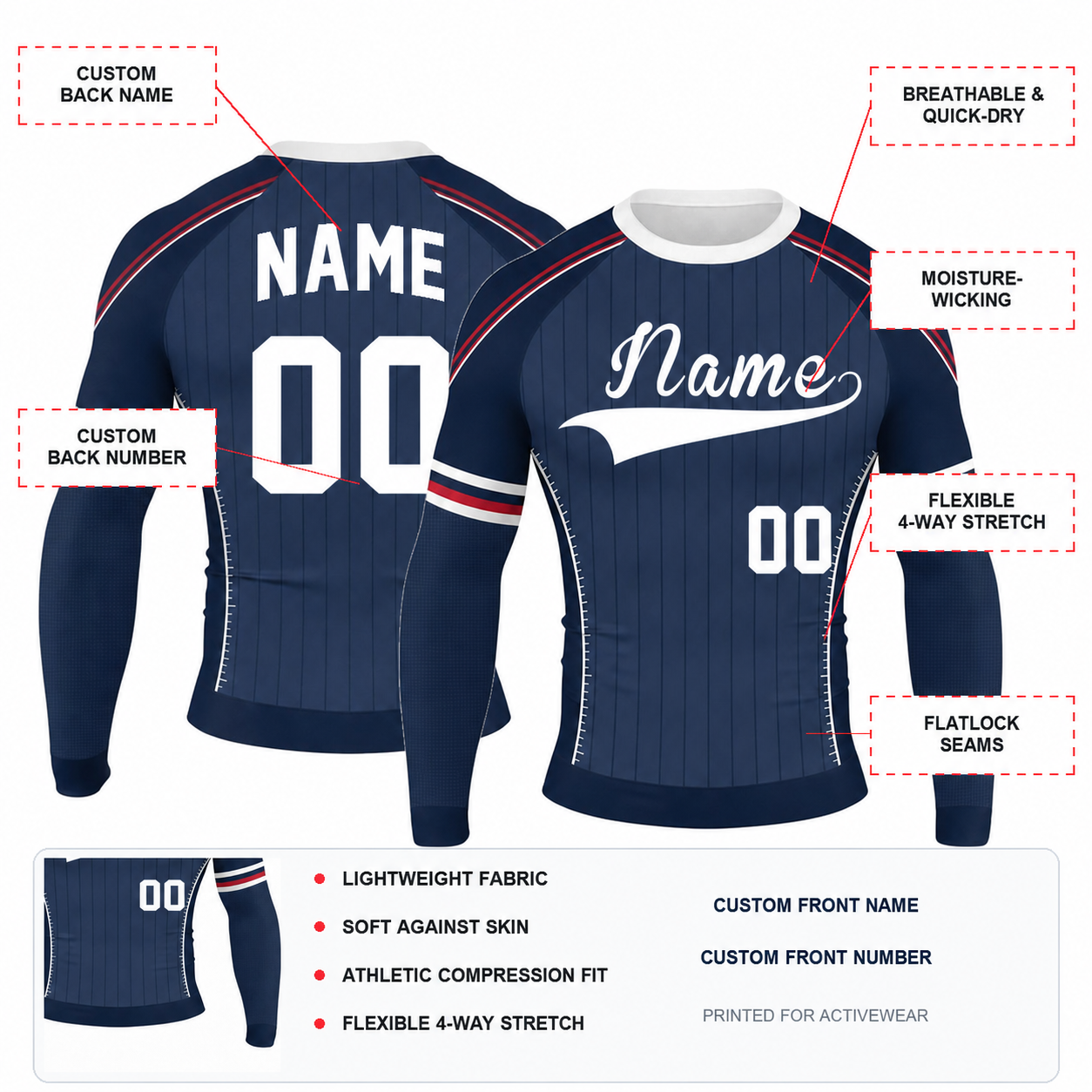 Navy Red Baseball Pinstripe Customizable Long Sleeve Compression Shirt