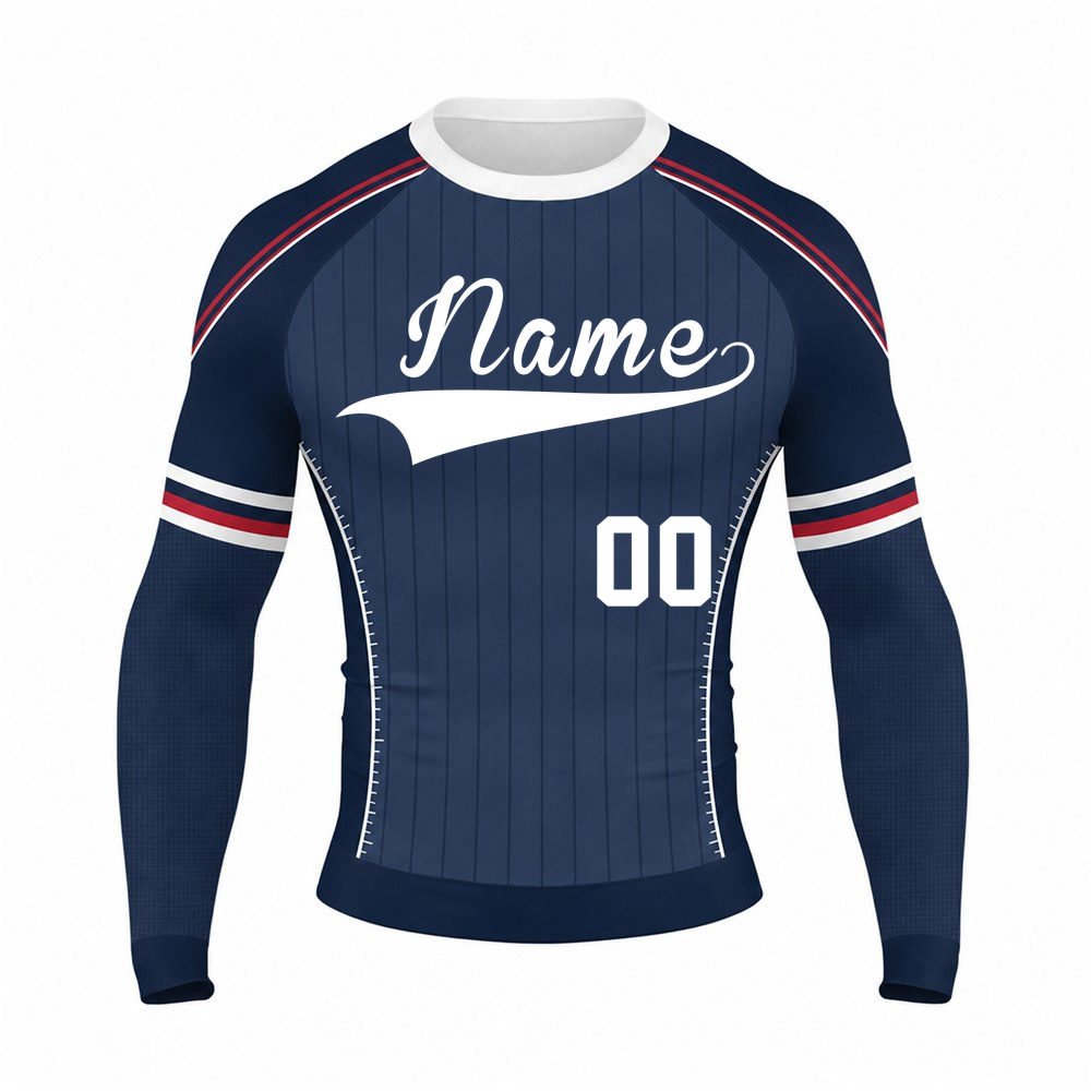 Navy Red Baseball Pinstripe Customizable Long Sleeve Compression Shirt