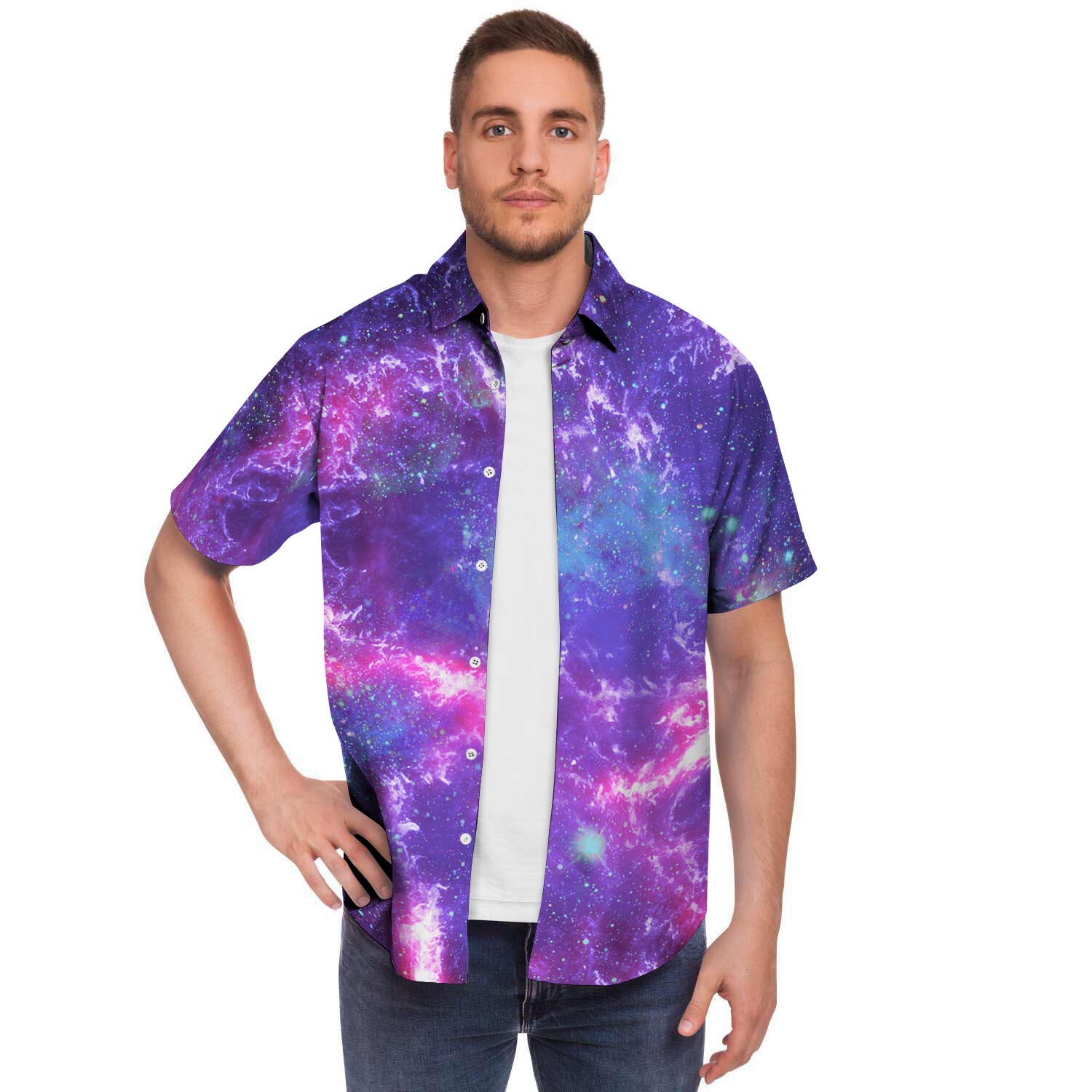 Nebula Galaxy Space Men Print Short Sleeve Button-Up Shirts