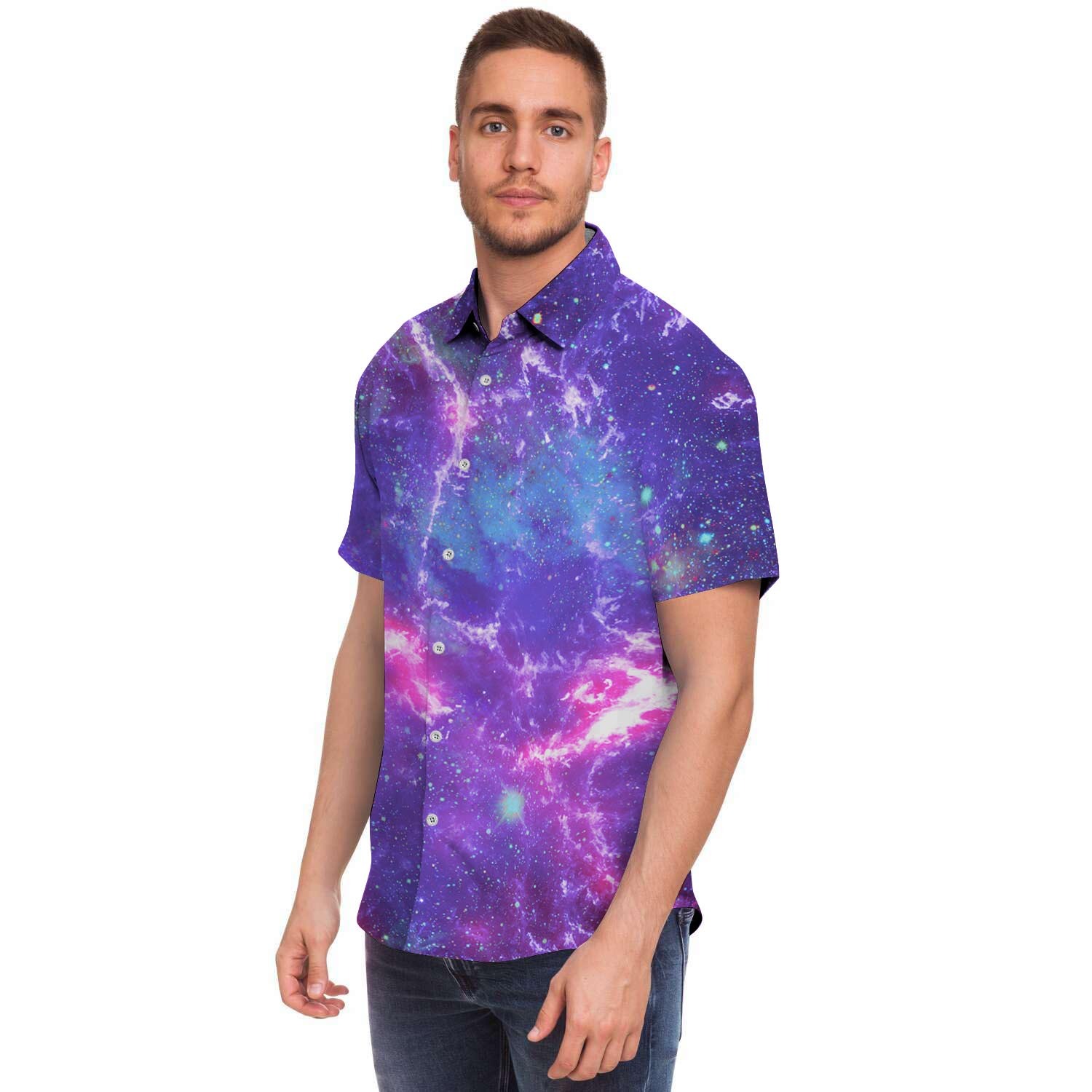 Nebula Galaxy Space Men Print Short Sleeve Button-Up Shirts