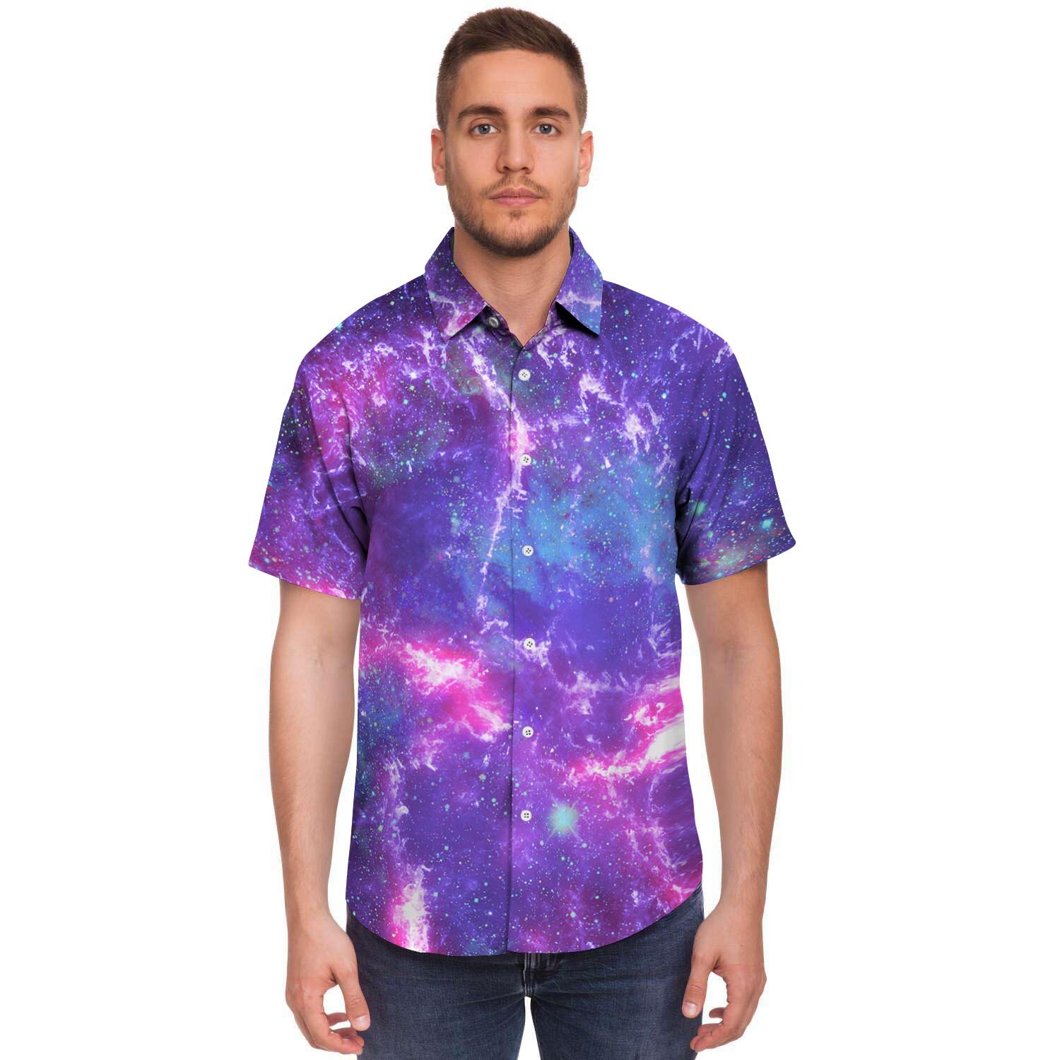 Nebula Galaxy Space Men Print Short Sleeve Button-Up Shirts
