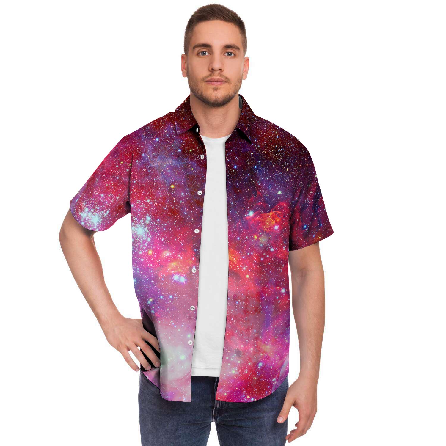 Nebula Red Galaxy Space Men Print Short Sleeve Button-Up Shirts