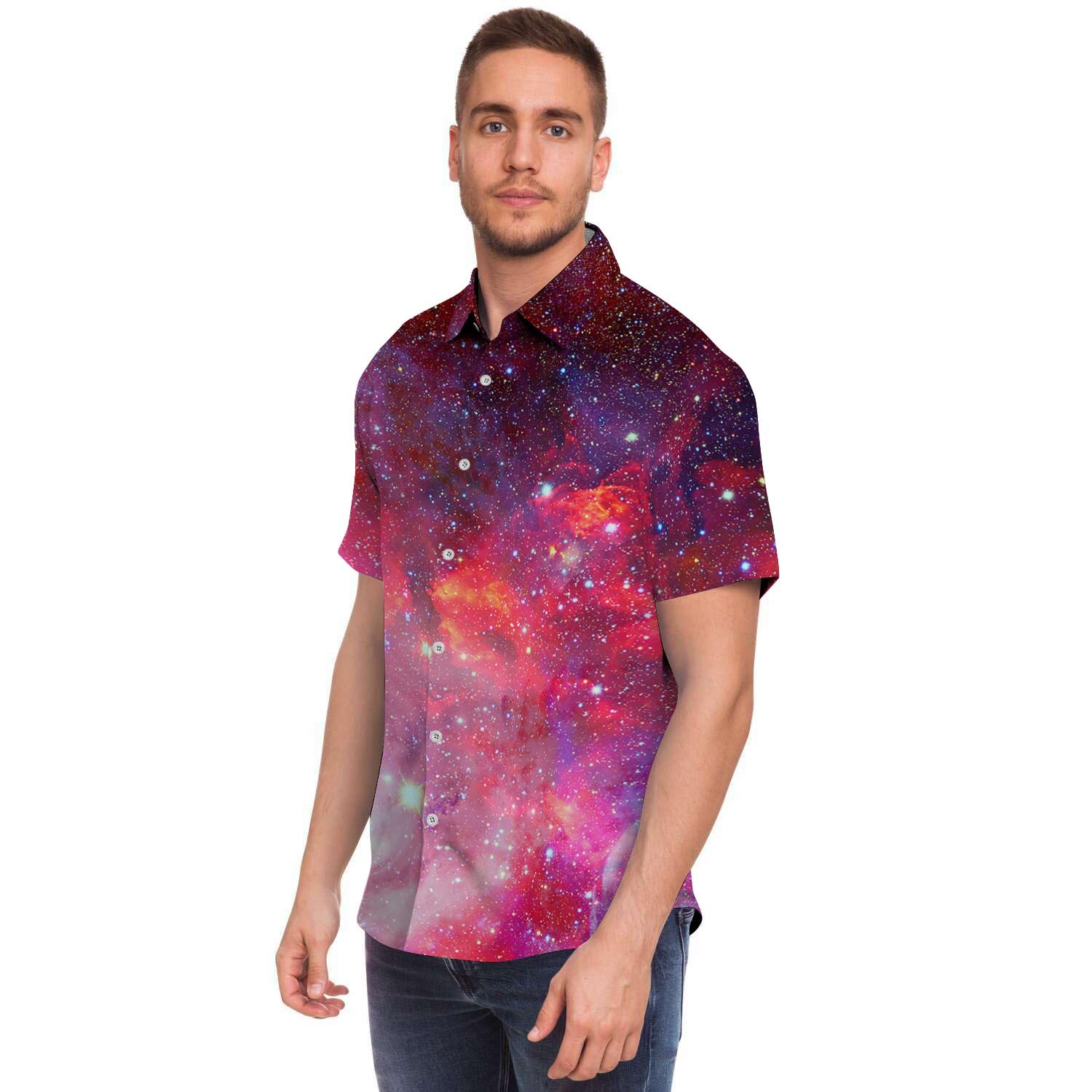 Nebula Red Galaxy Space Men Print Short Sleeve Button-Up Shirts