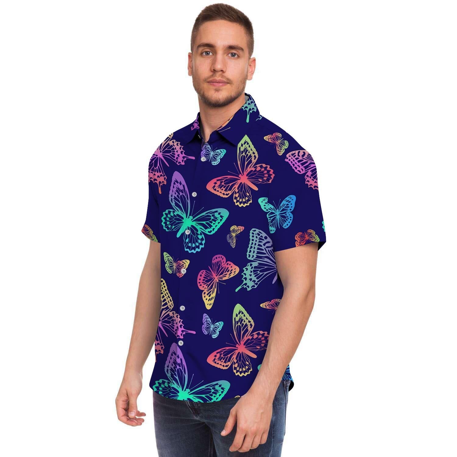Neon Butterfly Print Men Print Short Sleeve Button-Up Shirts