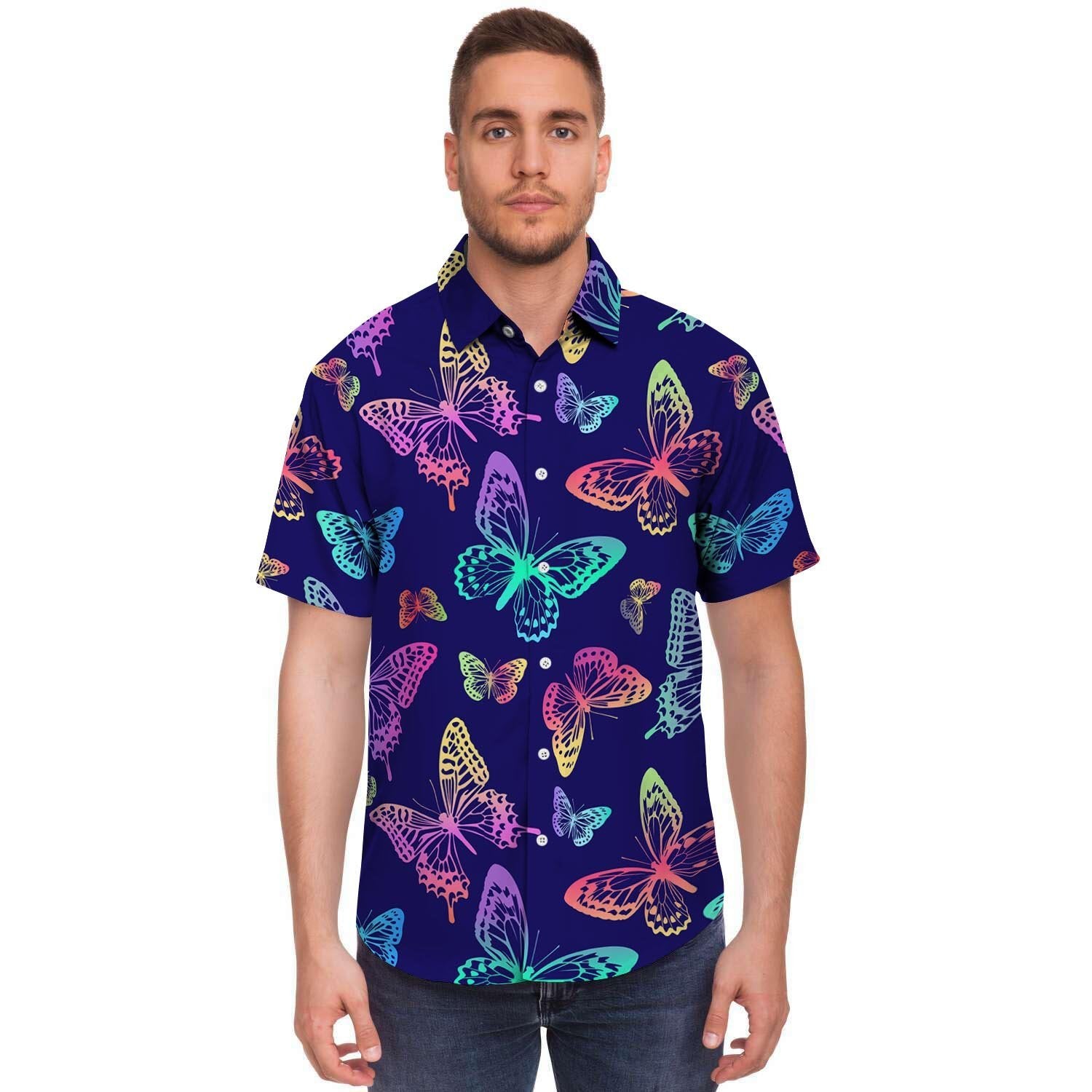 Neon Butterfly Print Men Print Short Sleeve Button-Up Shirts