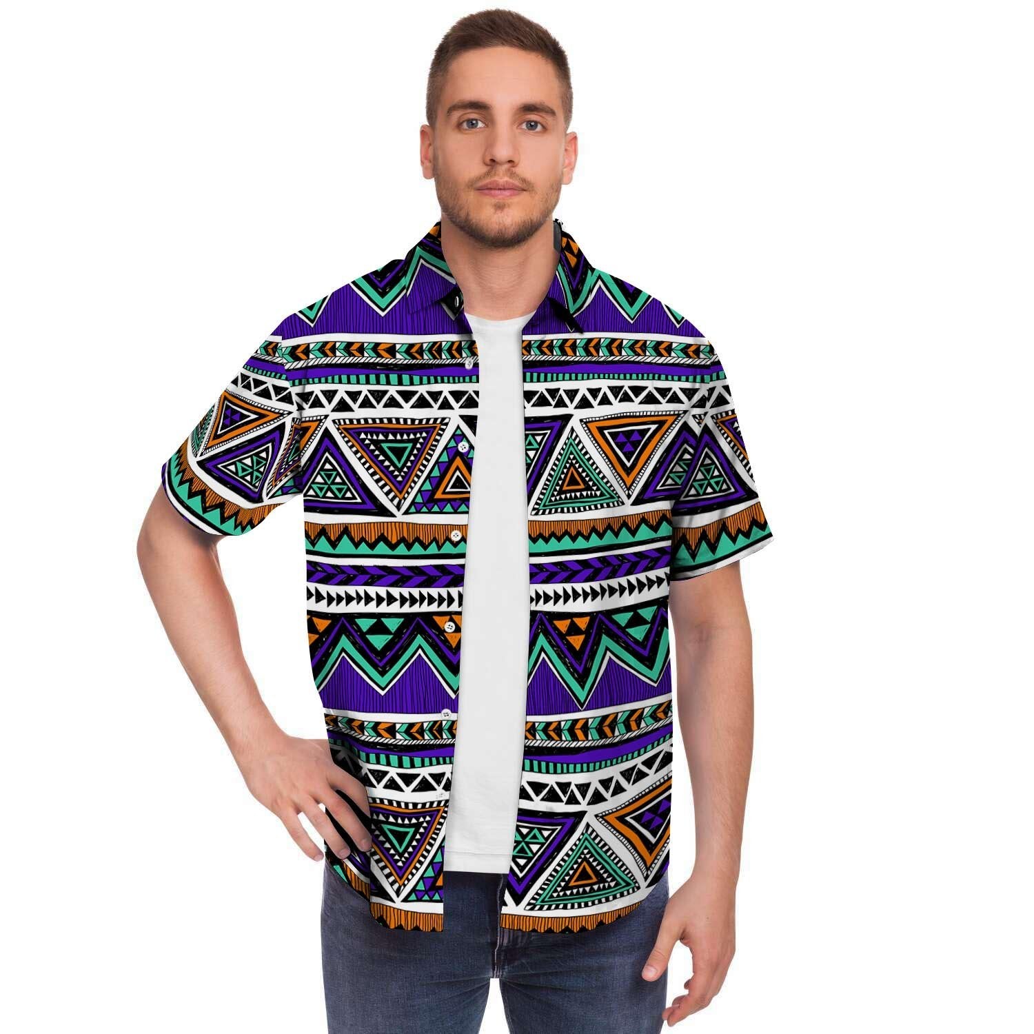 Neon Color Indian Aztec Doodle Men Print Short Sleeve Button-Up Shirts