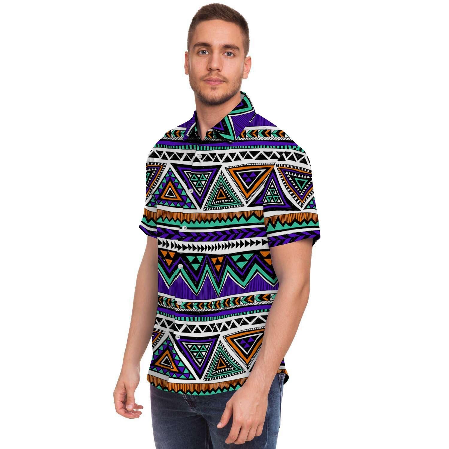 Neon Color Indian Aztec Doodle Men Print Short Sleeve Button-Up Shirts