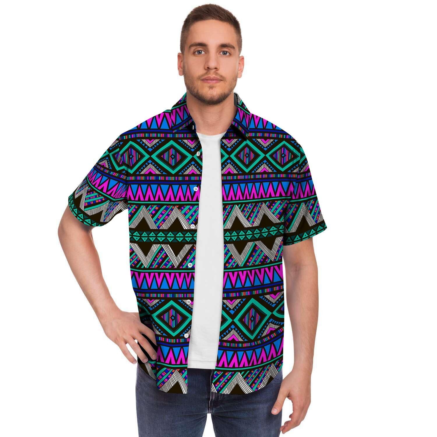 Neon Color Indian Aztec Trippy Men Print Short Sleeve Button-Up Shirts