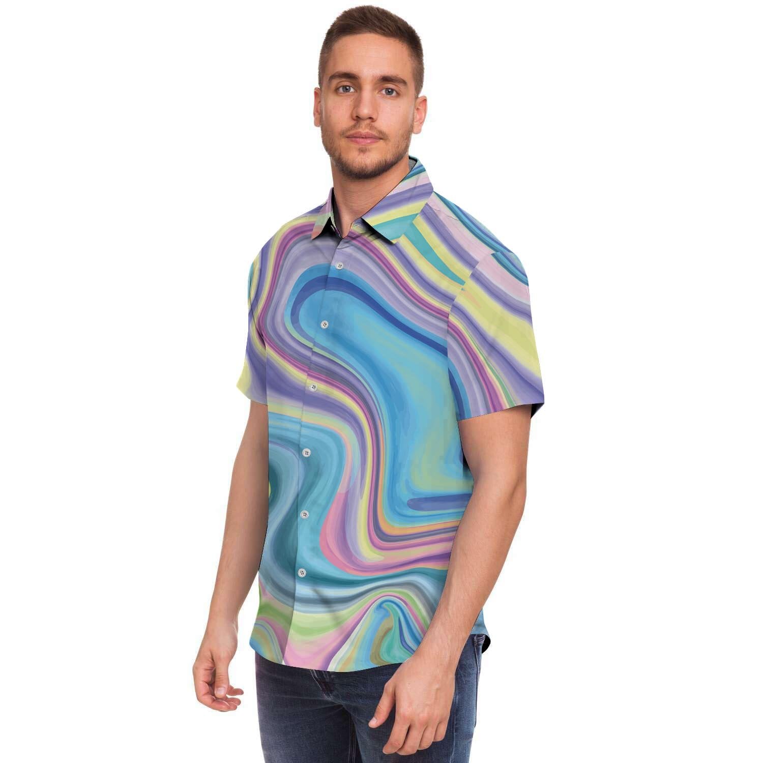 Neon Color Marble Men Print Short Sleeve Button-Up Shirts