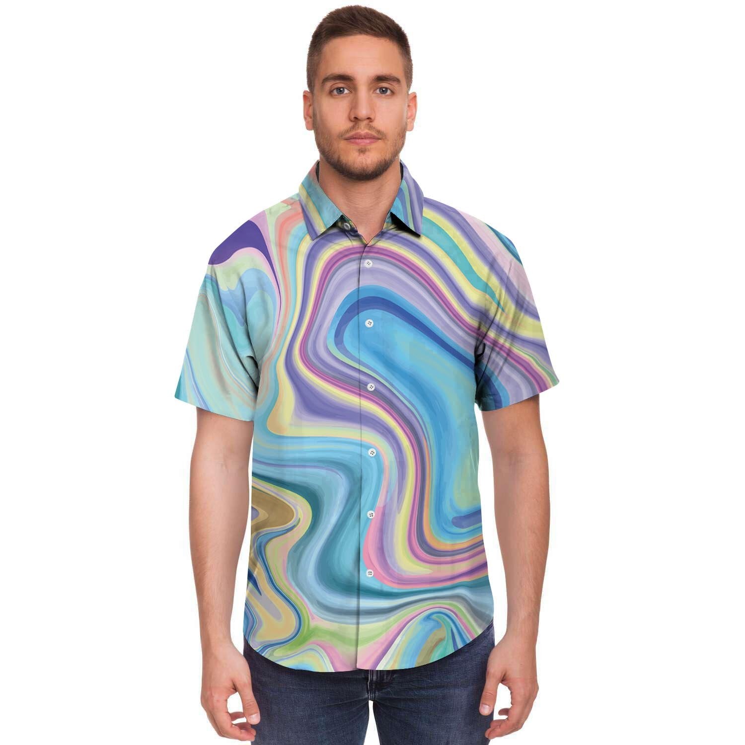 Neon Color Marble Men Print Short Sleeve Button-Up Shirts