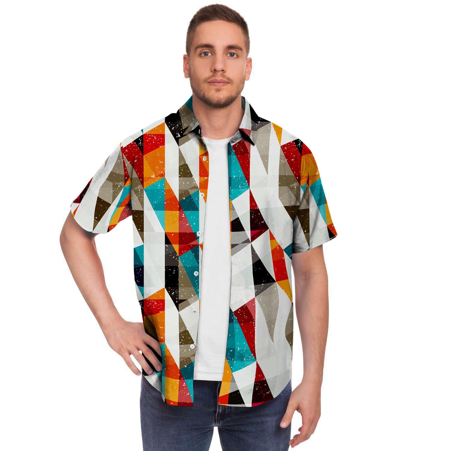 Neon Geometric Men Print Short Sleeve Button-Up Shirts