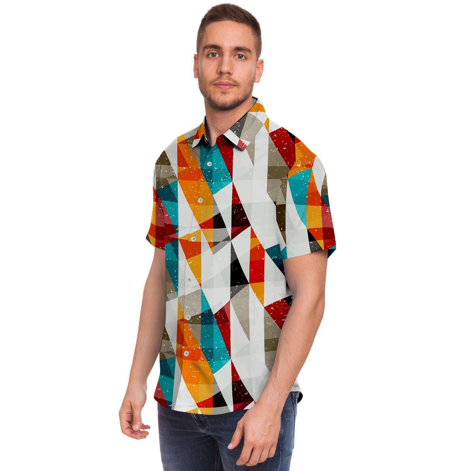 Neon Geometric Men Print Short Sleeve Button-Up Shirts