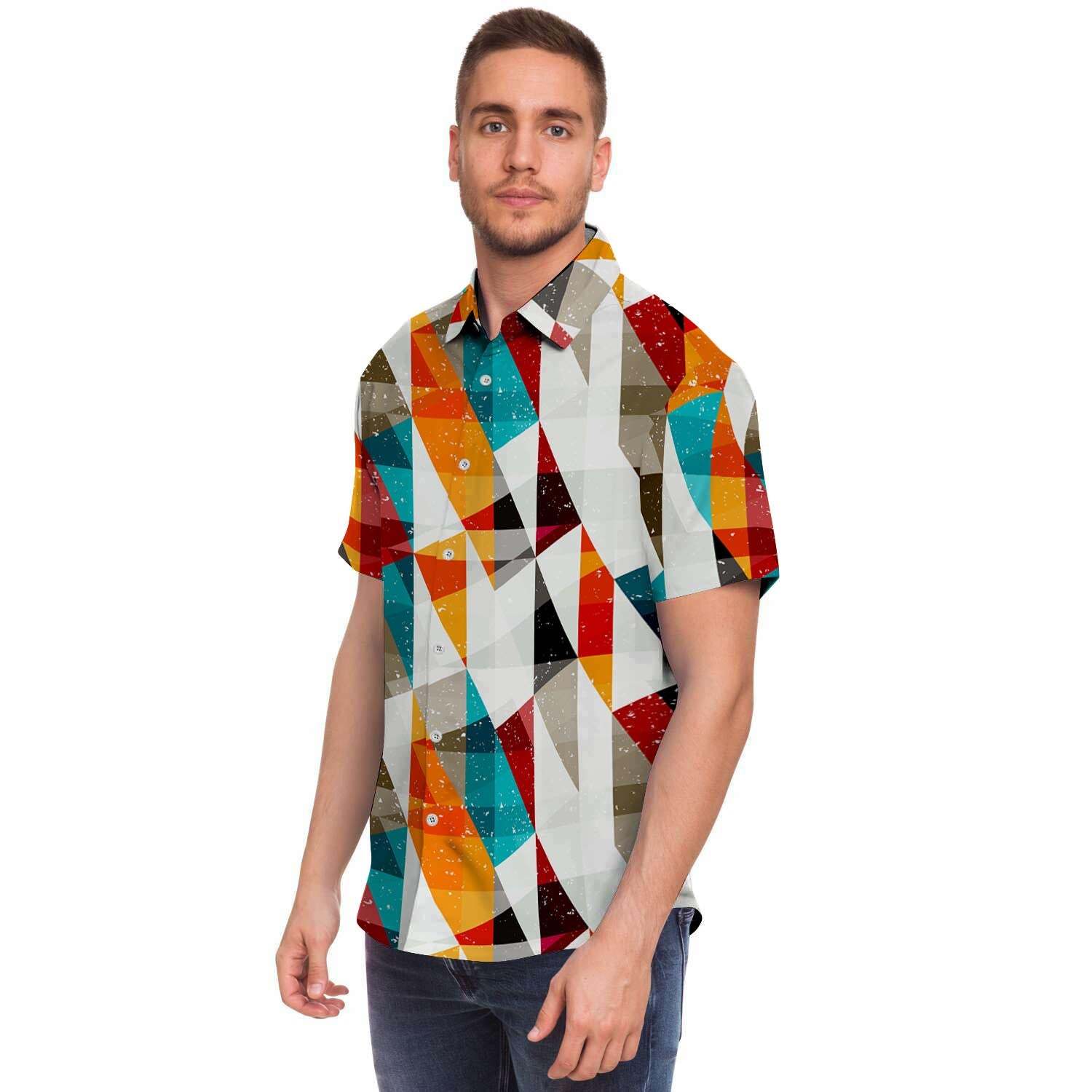 Neon Geometric Men Print Short Sleeve Button-Up Shirts