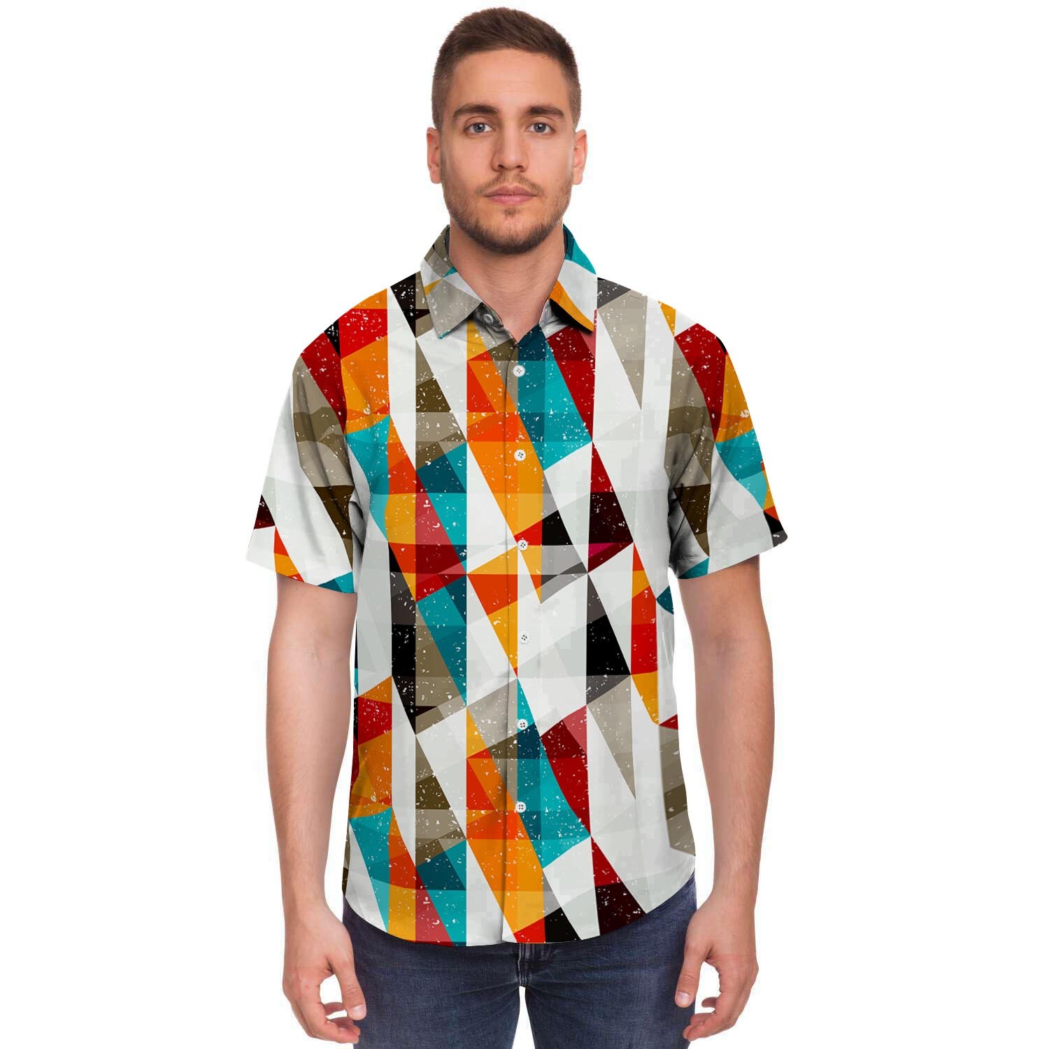 Neon Geometric Men Print Short Sleeve Button-Up Shirts