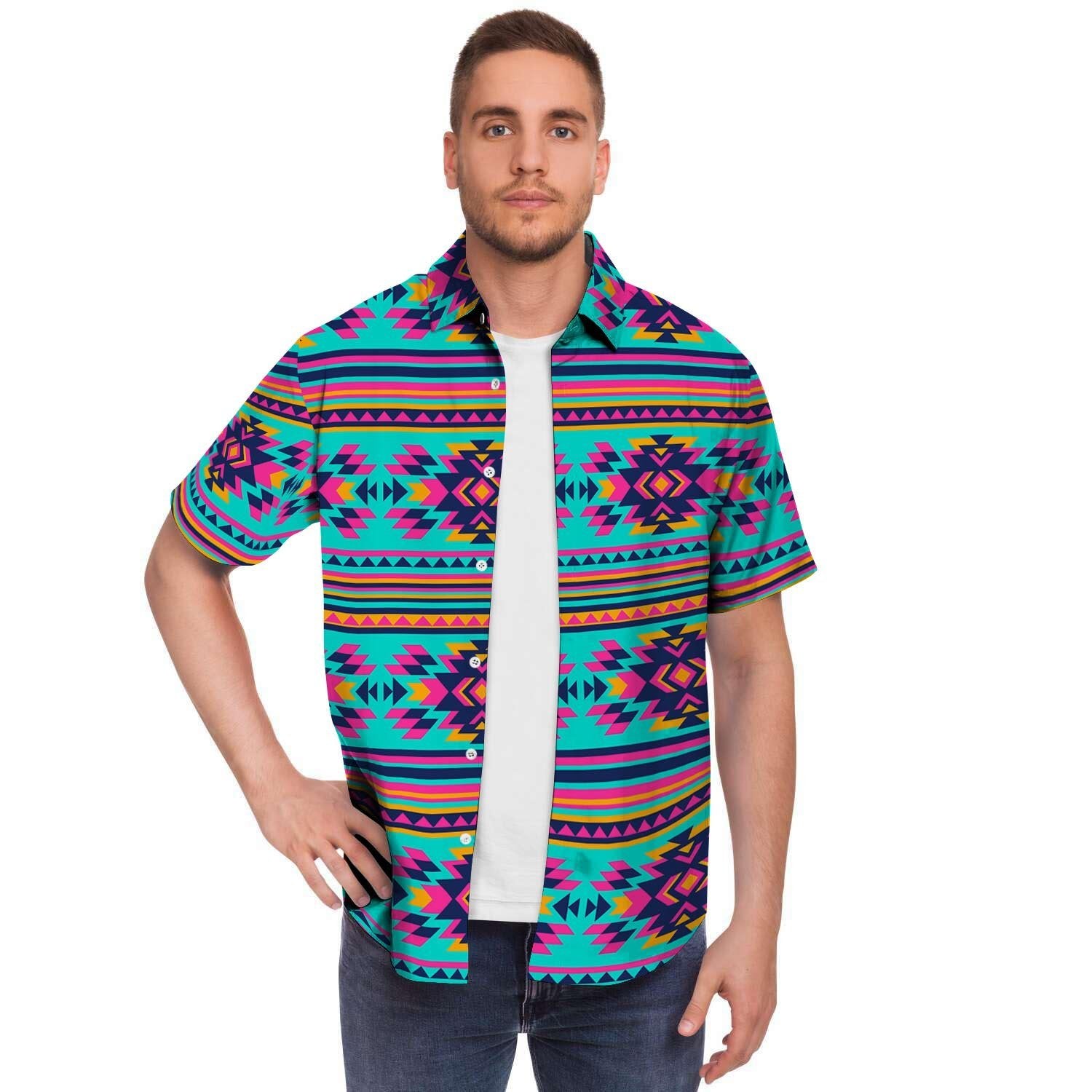 Neon Indian Aztec Abstract Art Print Men Print Short Sleeve Button-Up Shirts