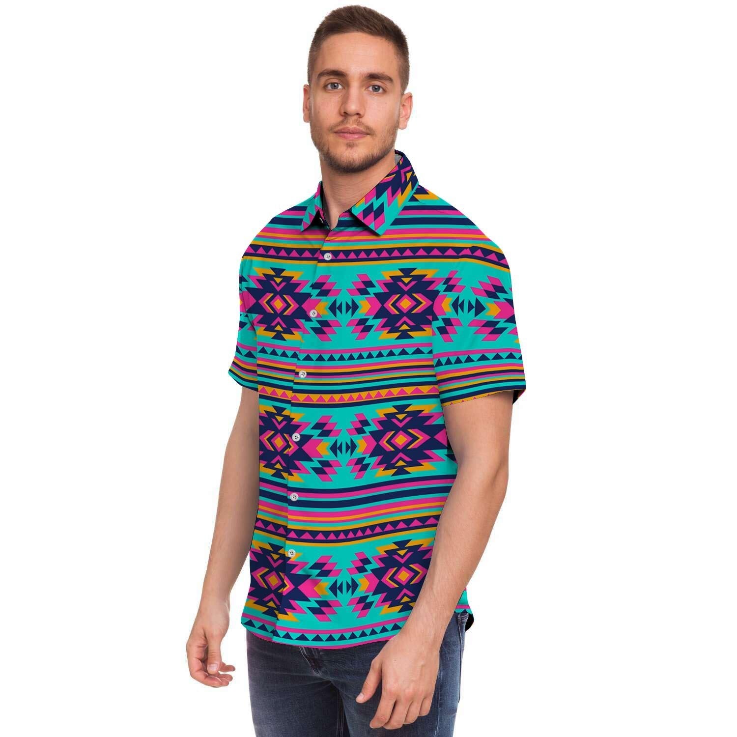 Neon Indian Aztec Abstract Art Print Men Print Short Sleeve Button-Up Shirts