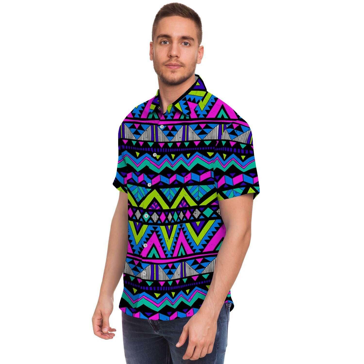 Neon Indian Aztec Doodle Men Print Short Sleeve Button-Up Shirts