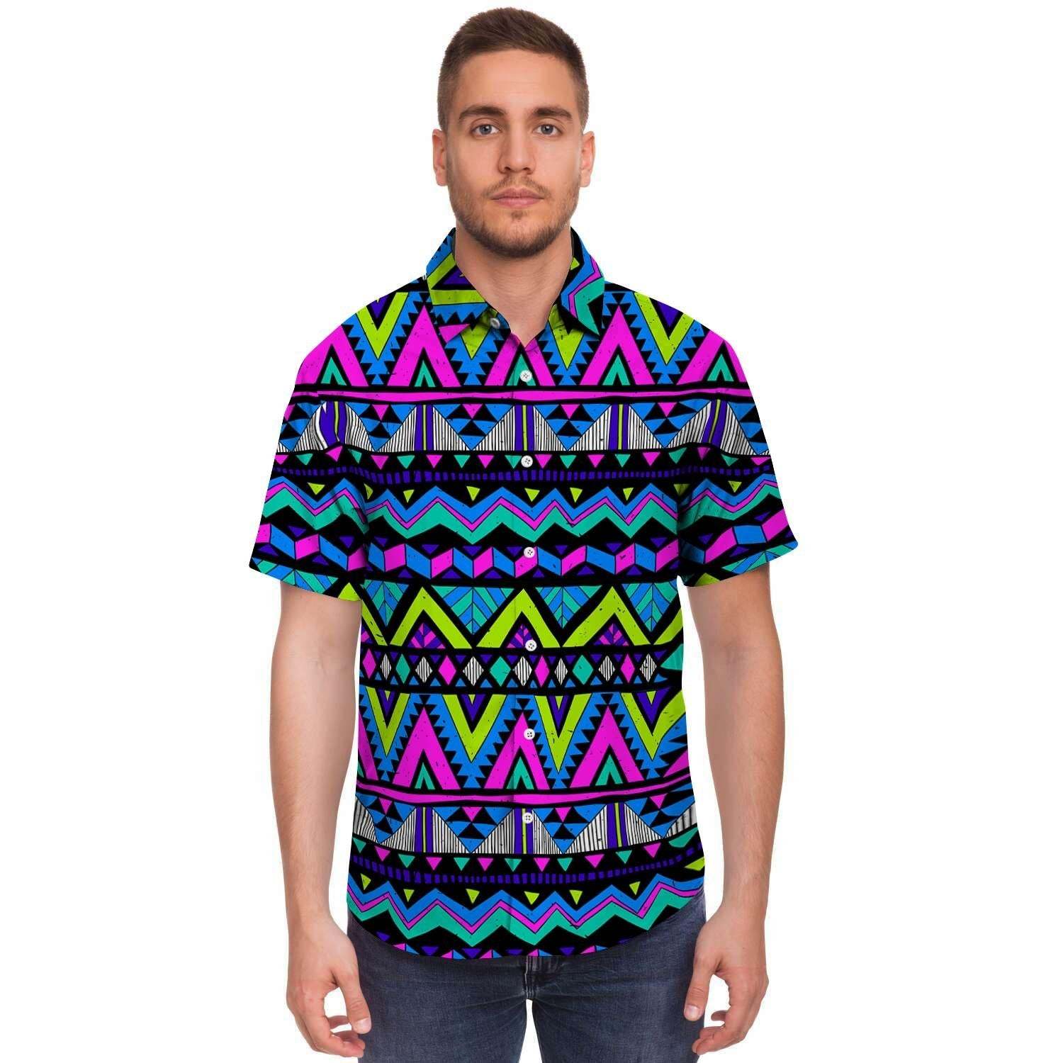 Neon Indian Aztec Doodle Men Print Short Sleeve Button-Up Shirts