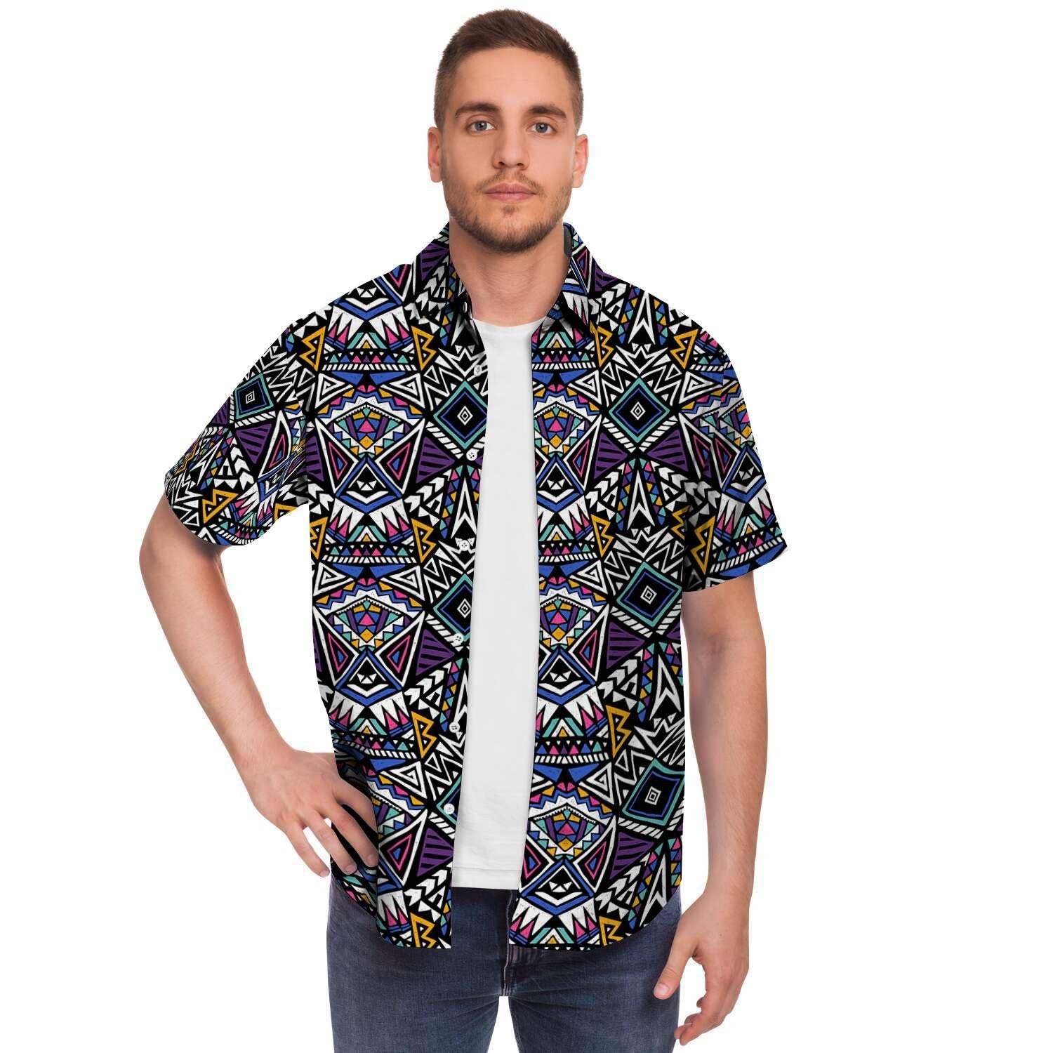 Neon Indian Aztec Triangles Abstract Geometric Art Short Sleeve Button-Up Shirts