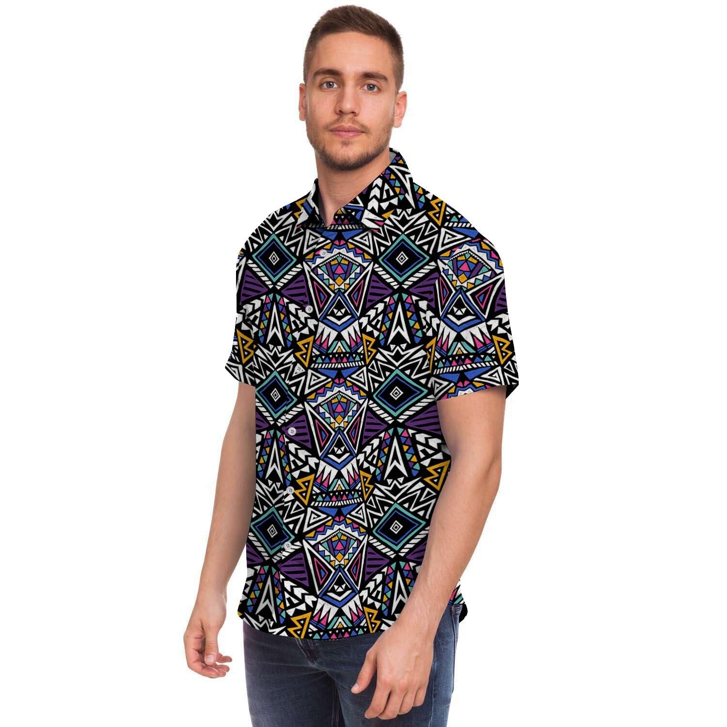 Neon Indian Aztec Triangles Abstract Geometric Art Short Sleeve Button-Up Shirts
