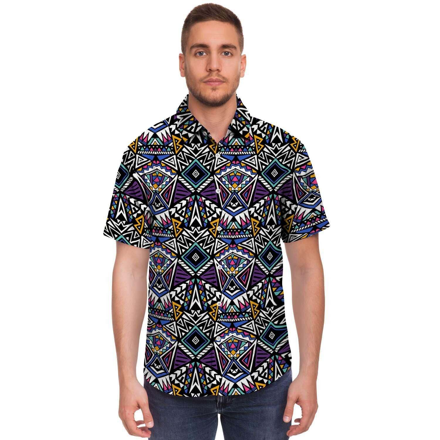 Neon Indian Aztec Triangles Abstract Geometric Art Short Sleeve Button-Up Shirts