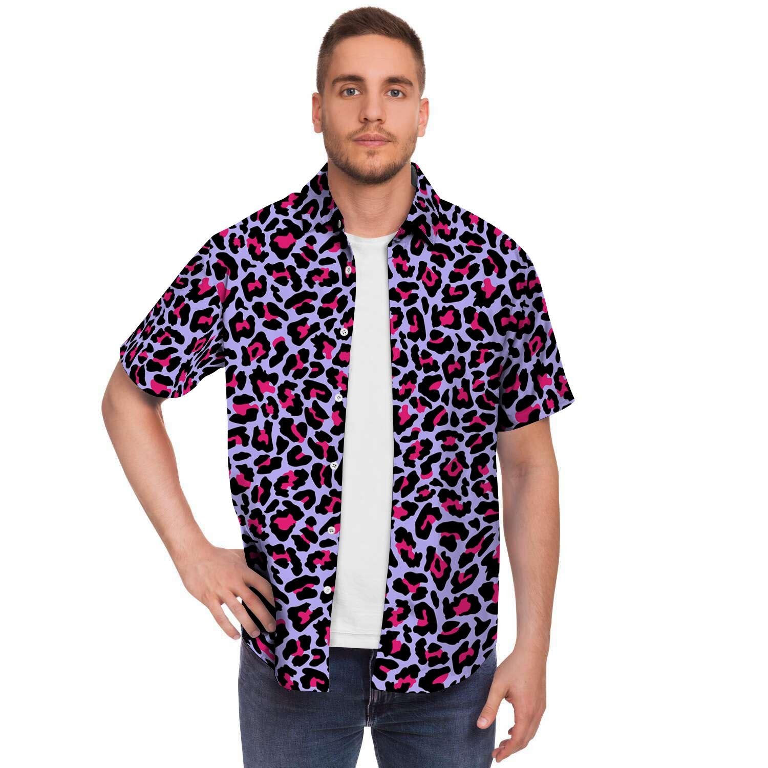 Neon Leopard Men Print Short Sleeve Button-Up Shirts