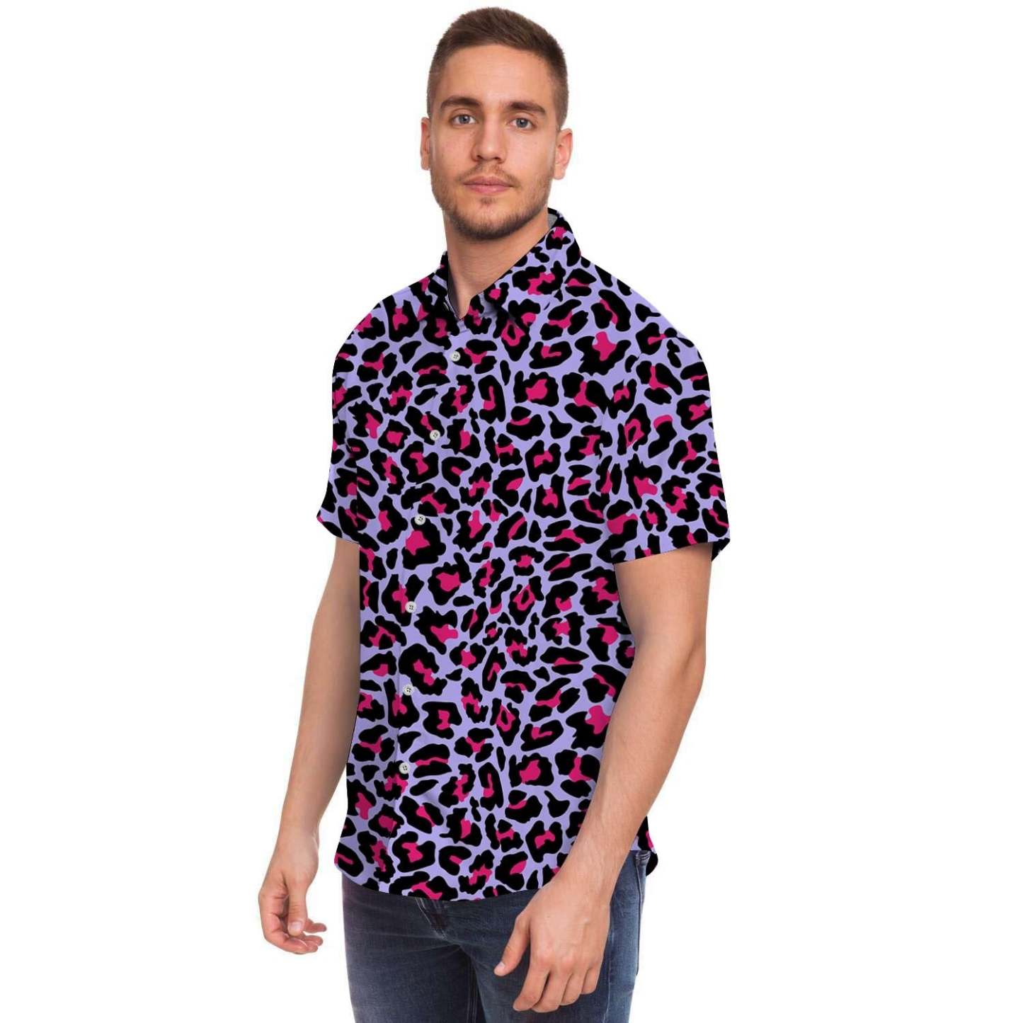 Neon Leopard Men Print Short Sleeve Button-Up Shirts