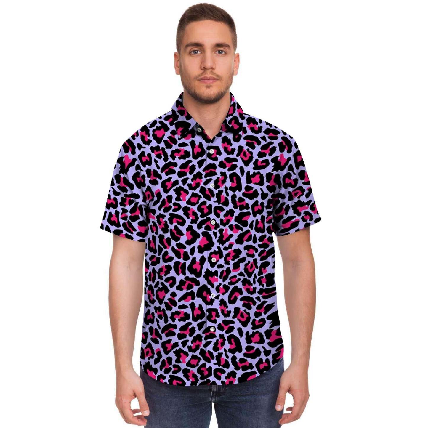 Neon Leopard Men Print Short Sleeve Button-Up Shirts