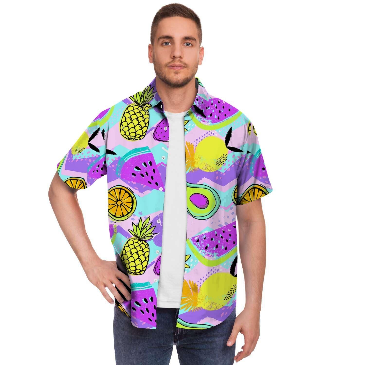 Neon Mix Fruit Pineapple Hawaiian Print Men Print Short Sleeve Button-Up Shirts