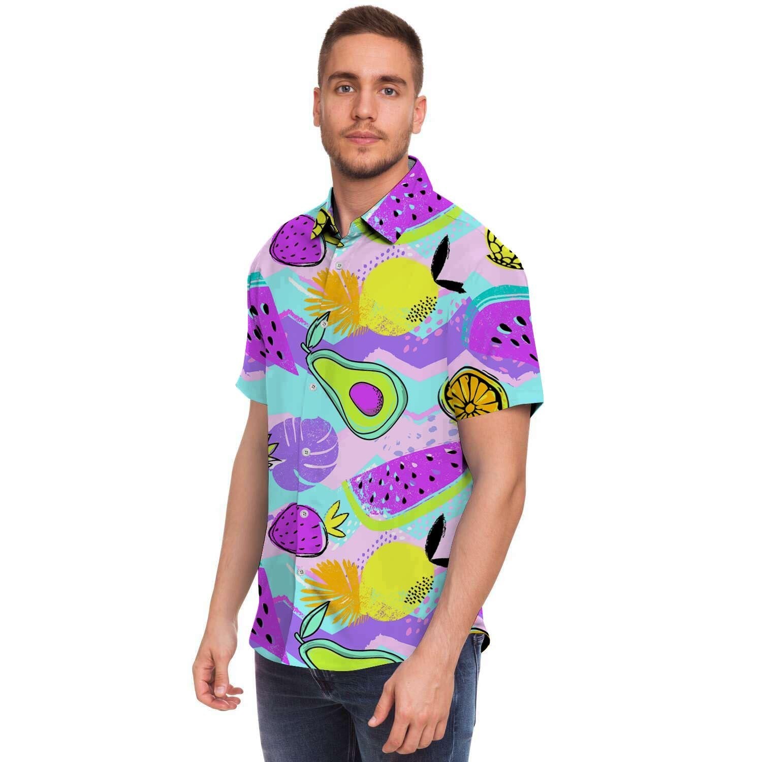 Neon Mix Fruit Pineapple Hawaiian Print Men Print Short Sleeve Button-Up Shirts