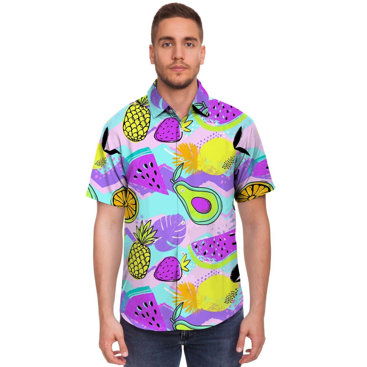 Neon Mix Fruit Pineapple Hawaiian Print Men Print Short Sleeve Button-Up Shirts