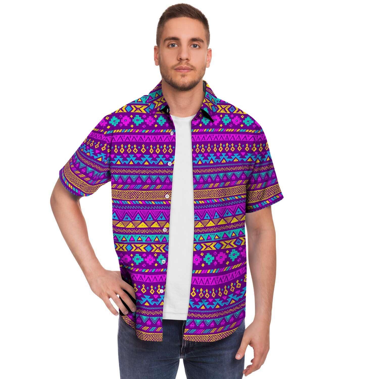 Neon Multicolor Ethic Aztec Doodle Print Men Print Short Sleeve Button-Up Shirts
