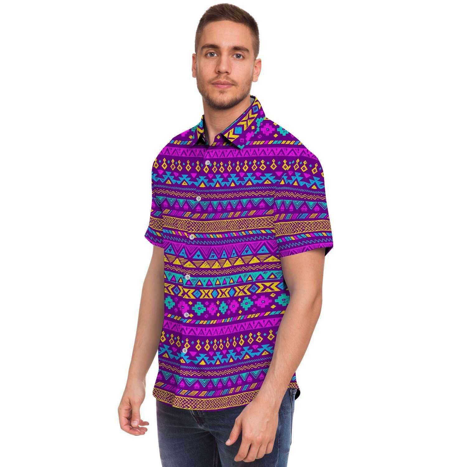 Neon Multicolor Ethic Aztec Doodle Print Men Print Short Sleeve Button-Up Shirts