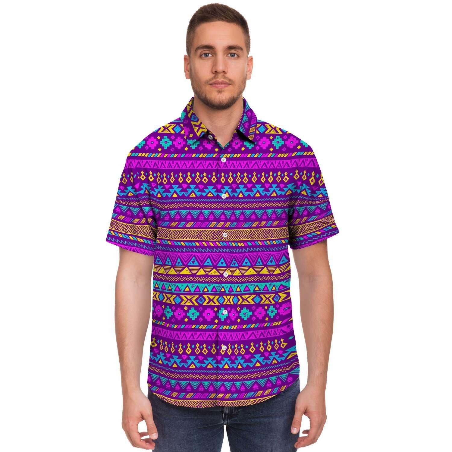 Neon Multicolor Ethic Aztec Doodle Print Men Print Short Sleeve Button-Up Shirts