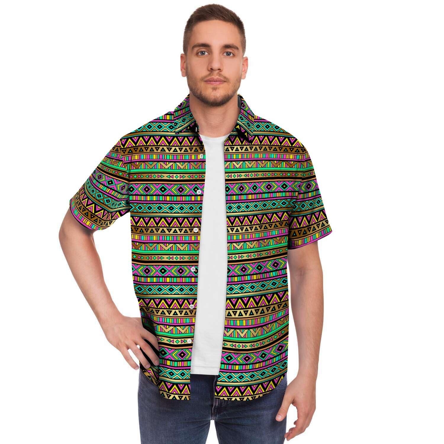 Neon Multicolor Ethic Aztec Grunge Geometric Print Short Sleeve Button-Up Shirts