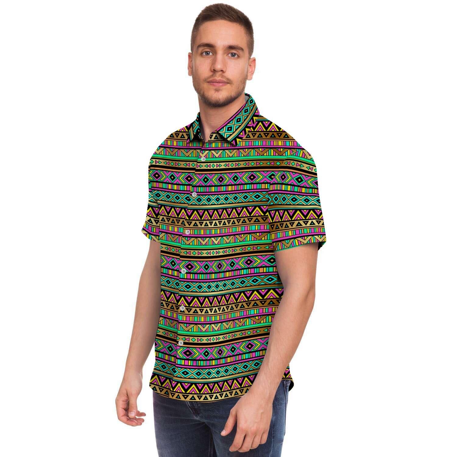 Neon Multicolor Ethic Aztec Grunge Geometric Print Short Sleeve Button-Up Shirts