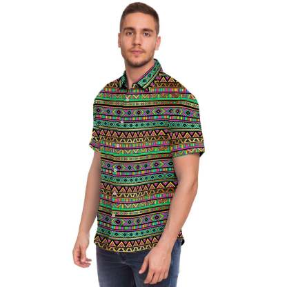 Neon Multicolor Ethic Aztec Grunge Geometric Print Short Sleeve Button-Up Shirts