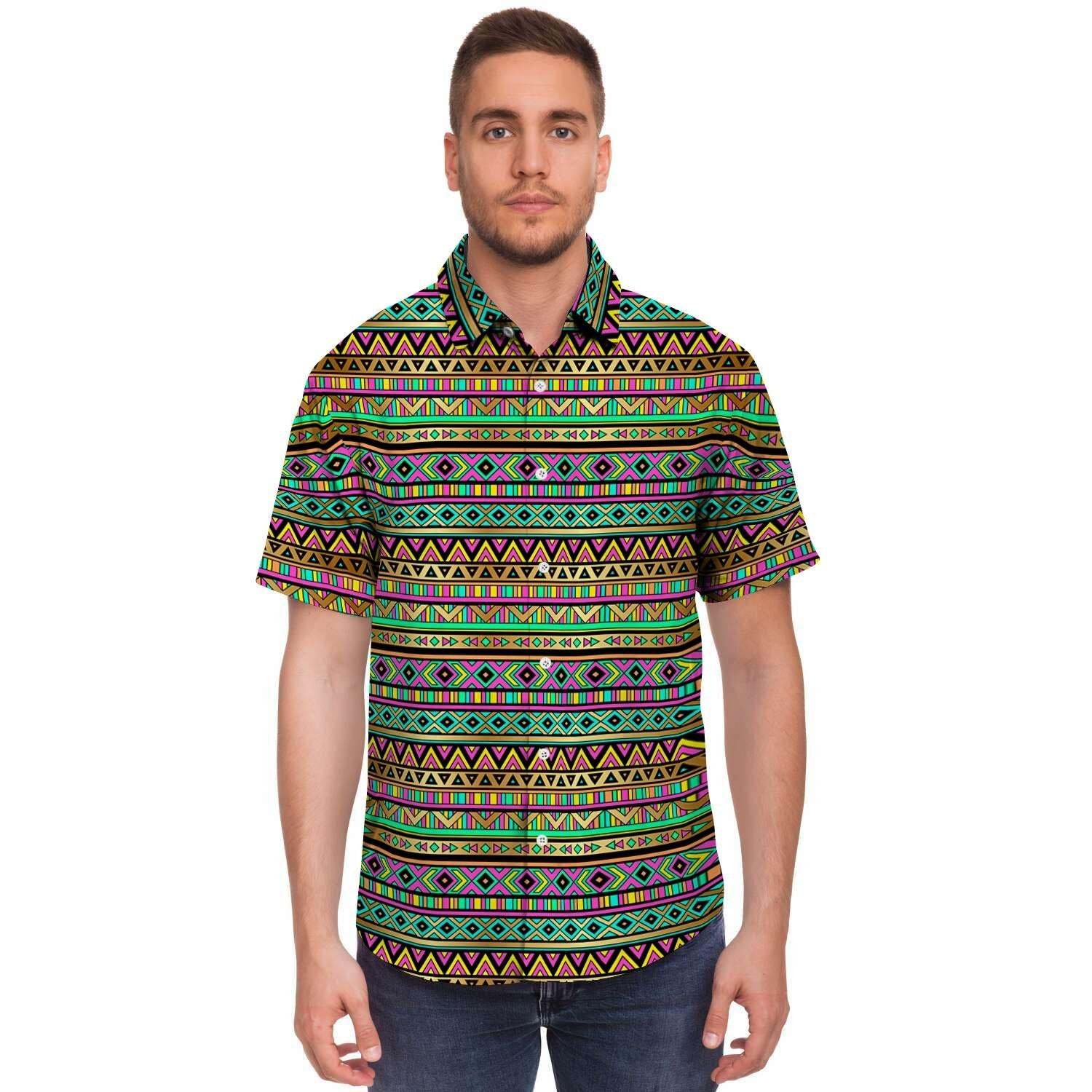 Neon Multicolor Ethic Aztec Grunge Geometric Print Short Sleeve Button-Up Shirts