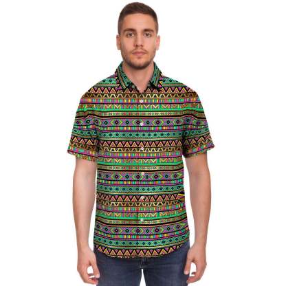Neon Multicolor Ethic Aztec Grunge Geometric Print Short Sleeve Button-Up Shirts
