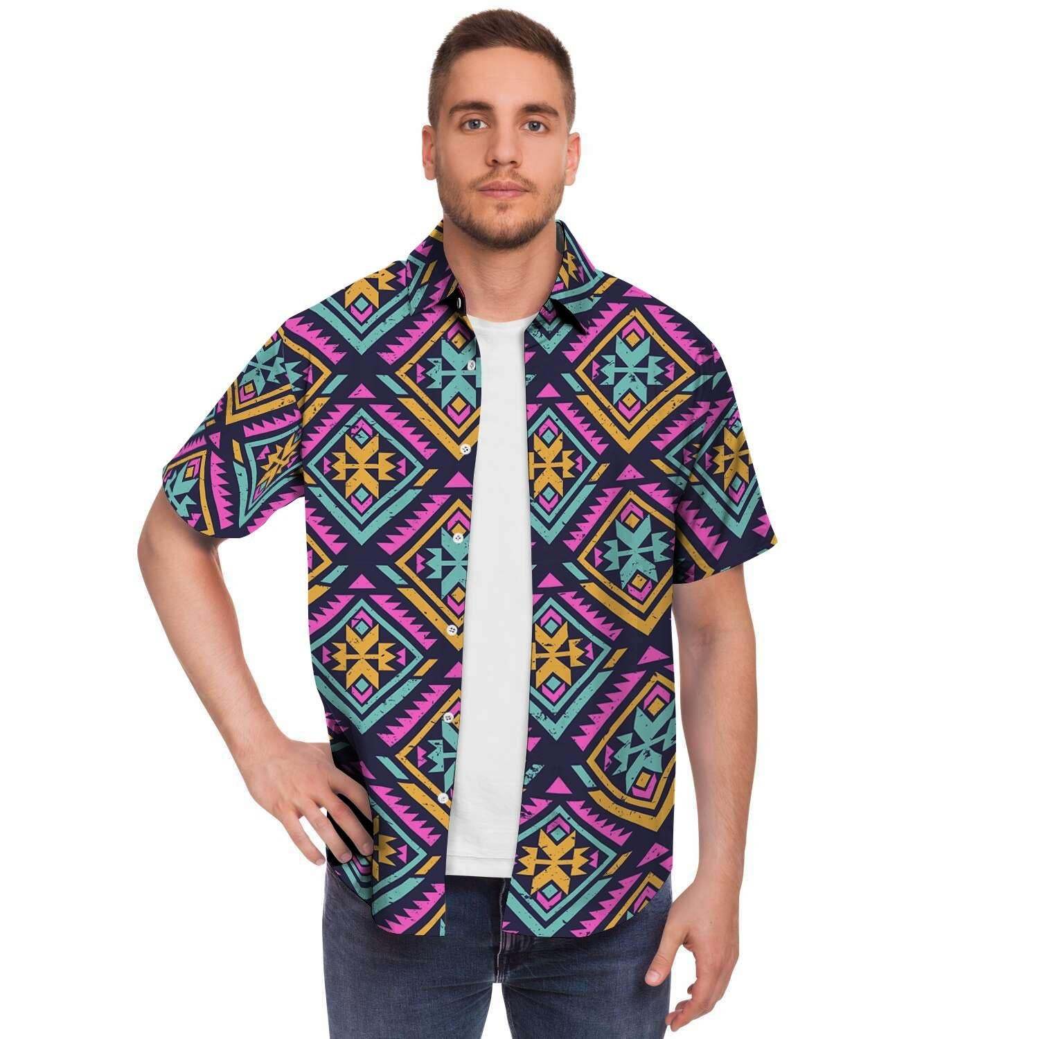 Neon Multicolor Ethic Aztec Grunge Print Men Print Short Sleeve Button-Up Shirts