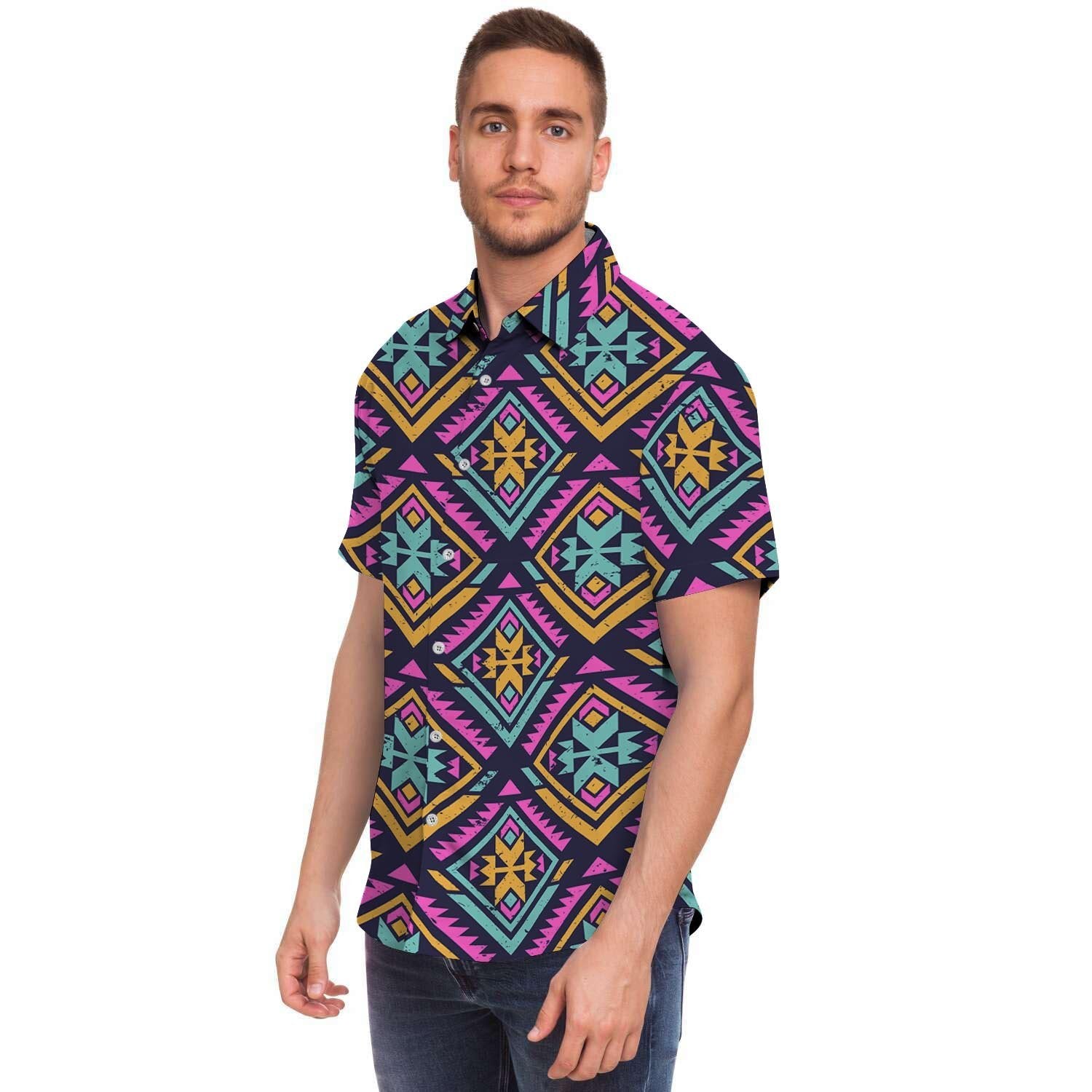 Neon Multicolor Ethic Aztec Grunge Print Men Print Short Sleeve Button-Up Shirts