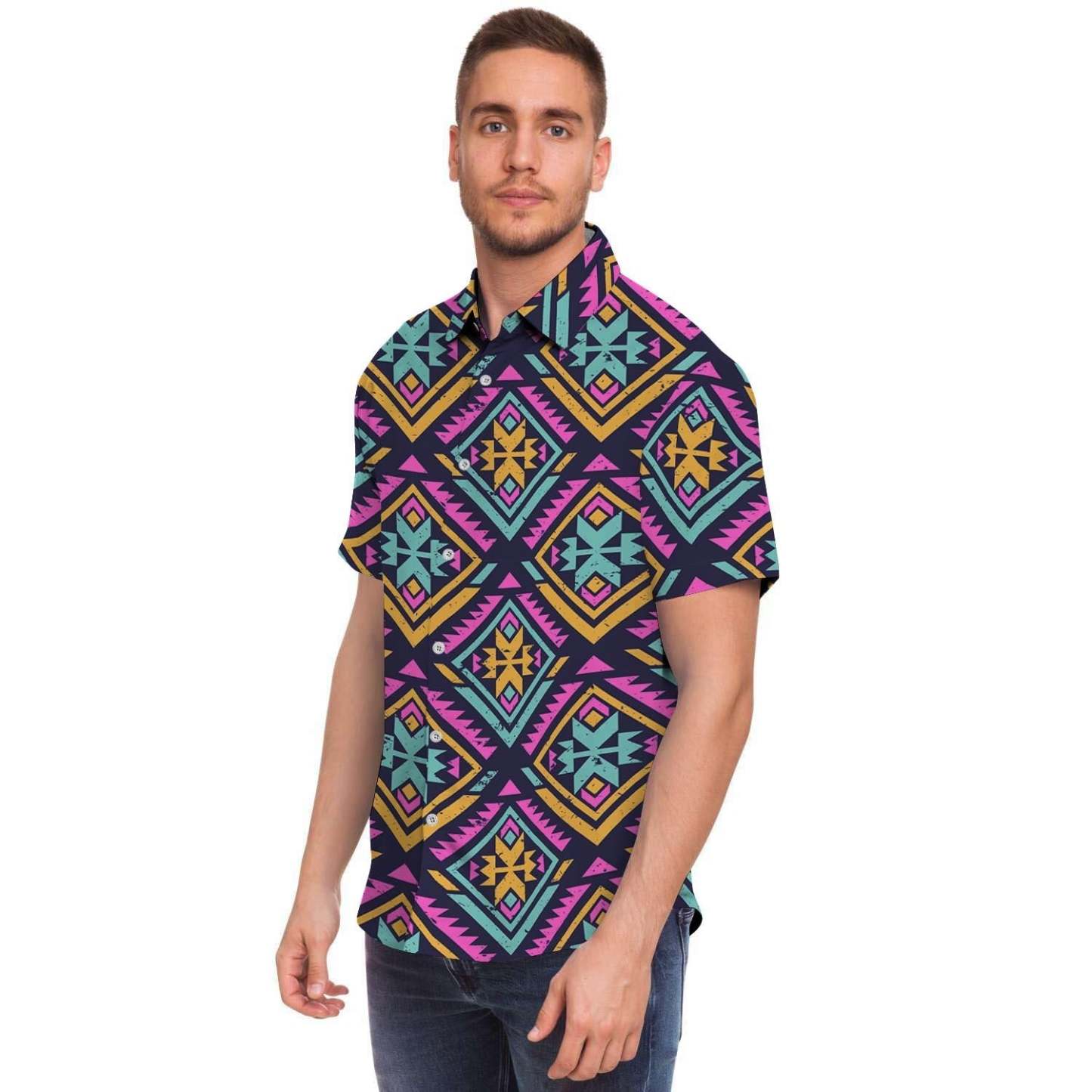 Neon Multicolor Ethic Aztec Grunge Print Men Print Short Sleeve Button-Up Shirts