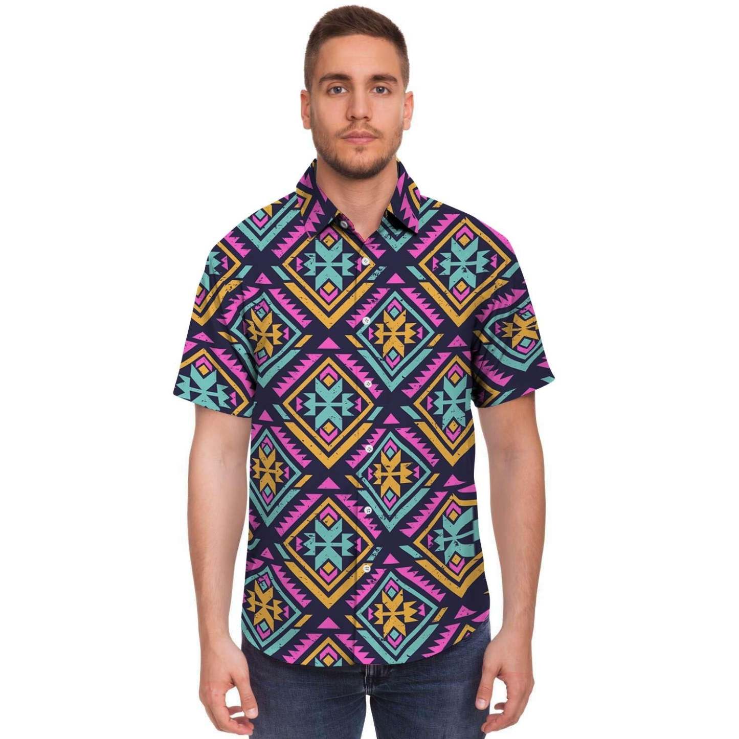 Neon Multicolor Ethic Aztec Grunge Print Men Print Short Sleeve Button-Up Shirts