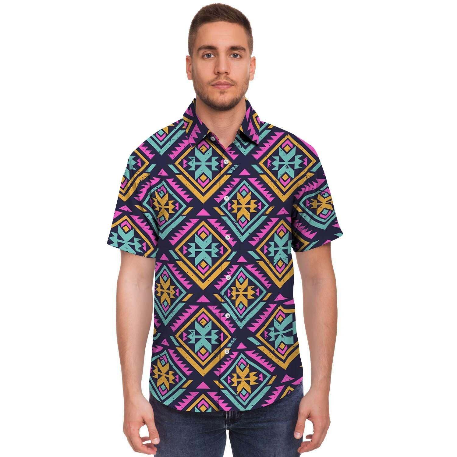 Neon Multicolor Ethic Aztec Grunge Print Men Print Short Sleeve Button-Up Shirts