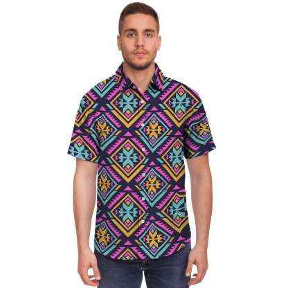 Neon Multicolor Ethic Aztec Grunge Print Men Print Short Sleeve Button-Up Shirts